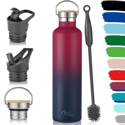 Image of Milu Stainless Steel Drinking Bottle 350ml, 500ml, 750ml, 1l (+3 Lids) Thermo with Straw, Water Bottle, for Hot, Cold &amp; Carbonated Drinks (Berry Blue, 1000ml)