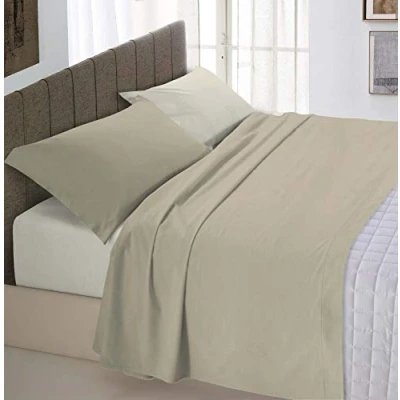 Image of Italian Bed Linen Natural Color Set (Flat 250x300, Fitted Sheet 170x200cm+2 Pillowcases 52x82cm), Petrol Bottle Green, Dove Gray/Cream, DOUBLE