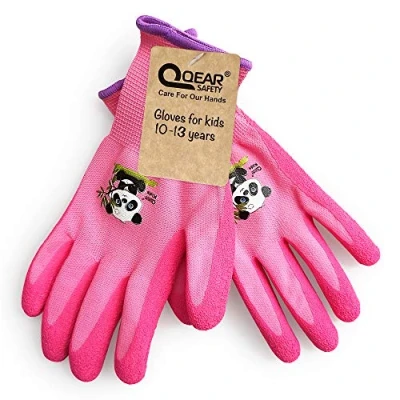 Image of QEARSAFETY 1Pair Junior/Preteen 10 13 years Girl Pink Garden Work Gloves, DIY, Outdoor, Knitted Liner,Latex Rubber Palm Coated, Water/Dirty Resistance (10 pink)