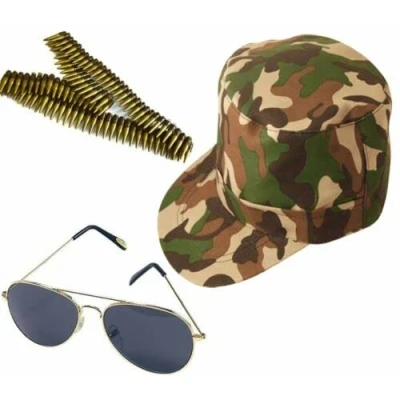 Image of UNISEX ADULT 3PC ARMY CAP, AVIATOR GLASSES, BULLETS BELT FANCY DRESS COSTUME SET