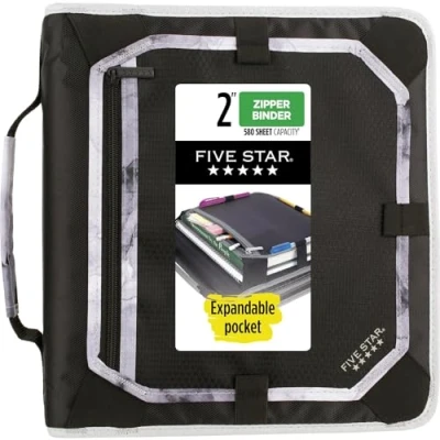 Image of Five Star Zipper Binder, 2 Inch 3 Ring Binder for School, Expansion Panel and Expanding File, 580 Sheet Capacity, Black/Gray (29052IT8)