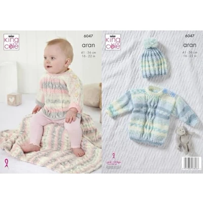 Image of King Cole Baby Aran Knitting Pattern Cable Sweater Top Hat &amp; Blanket (6047)