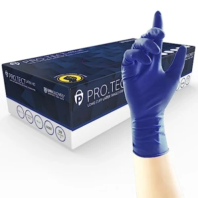 Image of Unigloves PRO.TECT Latex HD GA0013 Single Use Multipurpose, Powder Free Disposable Gloves, Box of 50 Dark Blue, Medium