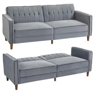 Image of HOMCOM Modern 3 Seater Velvet Sofa Bed, Click Clack Button Tufted Sleeper Couch with Split Reclining Backrest and Rubber Wood Legs, Dark Grey