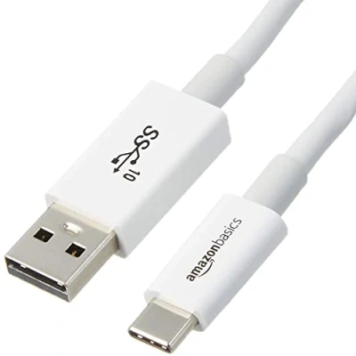 Image of Amazon Basics USB C to A 3.1 Gen 2 Adapter Fast Charger Cable, 10Gbps High Speed, IF Certified, for Apple iPhone 15, iPad, Samsung Galaxy, Tablets, Laptops, 0.9 m, White