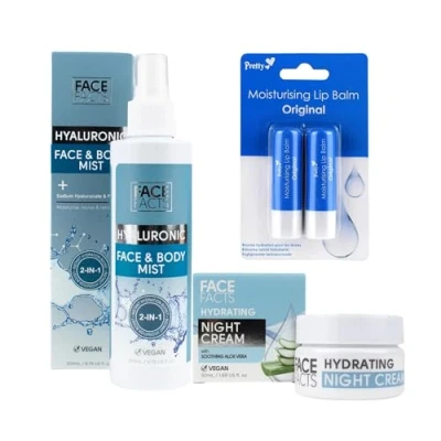 Image of Face Facts Hydrating Skincare Set Vegan Hydration Kit Include Aloe Vera Night Cream 50ml, Hyaluronic &amp; Body Mist 200ml, and Pretty Sweet Blueberry Moisturising Lip Balm