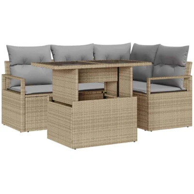 Image of vidaXL 5 Piece Garden Sofa Set with Cushions Beige Poly Rattan