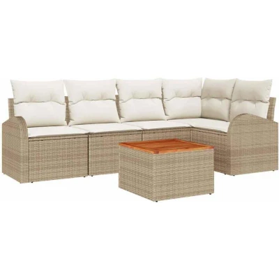 Image of vidaXL 6 Piece Garden Sofa Set with Cushions Beige Poly Rattan Acacia