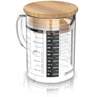 Image of Arendo Glass Measuring jug 350ml 0,35L with Measurements displayed, Transparent Kitchen jug, Borosilicate Silicone Seal, Graduated Glass, Beaker lid