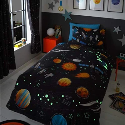 Image of Happy Linen Company Boys Girls Kids Planets Space Rockets Glow In The Dark Navy Blue Single Duvet Cover Bedding Set