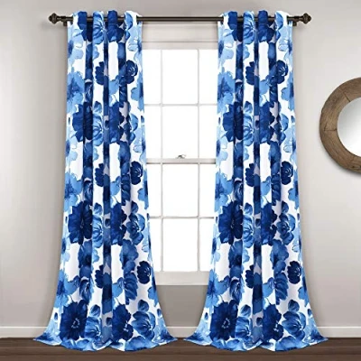 Image of Lush Decor Leah Room Darkening Window Curtain Panel Pair Floral Insulated Grommet, 52&quot; W x 95&quot; L, Navy and White