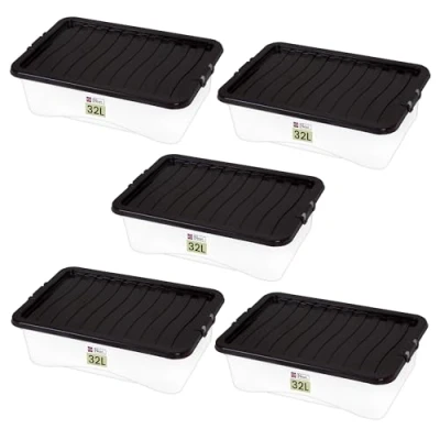 Image of Neat. Plastics 32L Heavy Duty Storage Box, Clear Base, Black Lid Organise Easily with Plastic Box Lid, Ideal Boxes for Storage, Durable Lids Pack of 5