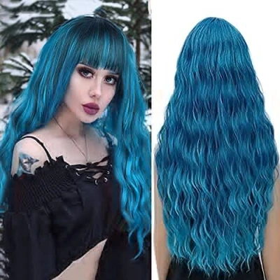 Image of YEESHEDO Long BLue Wigs for Women Natural Curly Wavy Synthetic Hair with Fringe Party Costume Halloween Wig (30 inch, Mixed Blue)