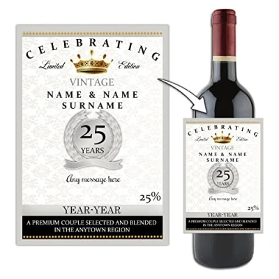 Image of Invite Designs Ltd Personalised Silver 25th Wedding Anniversary WINE/CHAMPAGNE BOTTLE LABEL Gift Idea N15.