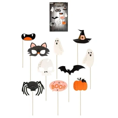 Image of Henbrandt Single Pack of 10 Halloween Party Photo Booth Props with Wooden Sticks Selfie and Photobooth Spooky Ghost Photograph Accessories Family Fun Supplies Set Decorations