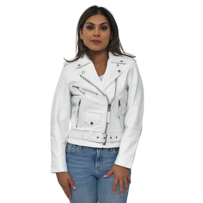 Image of Women&#039;s Classic White Brando Real Cow Hide Leather Biker Motorcycle Jacket S