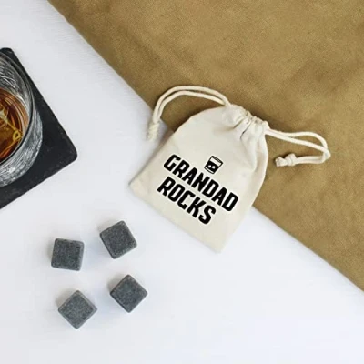 Image of eBuyGB Grandad Rocks Whiskey Stones with Cotton Drawstring Bag &amp; 4 Soapstone Reusable Ice Cubes Father&#039;s Day, Birthday Gift for Him, Dad