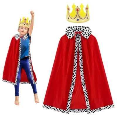 Image of TUONYIS 2 Pcs King Costume for Kids, Boys Girls Red Cape Cloak with Crown, Kids Knight Prince Medieval Halloween Carnival Fancy Dress Cosplay, 80cm (Red)
