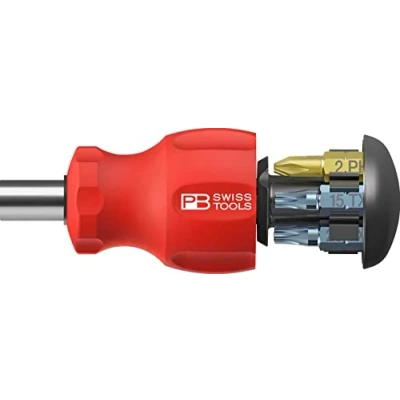 Image of PB Swiss Tools Bit Holder Screwdriver 8453 100% Made Stubby with Sliding Magazine, 6 Precision Bits C6 Slotted/Cross/Torx and Magnetic
