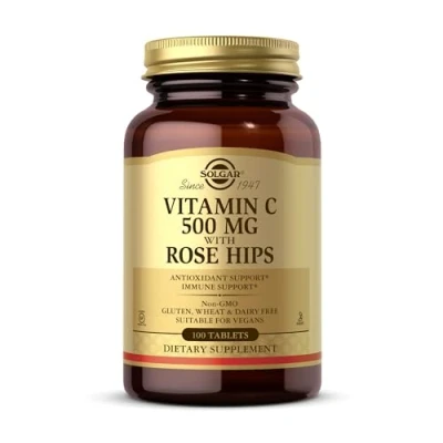 Image of Solgar Vitamin C 500 mg with Rose Hips Tablets Pack of 100 Healthy Immune System and Energy Levels Antioxidant Supports Collagen Formation Vegan, Gluten Free Kosher
