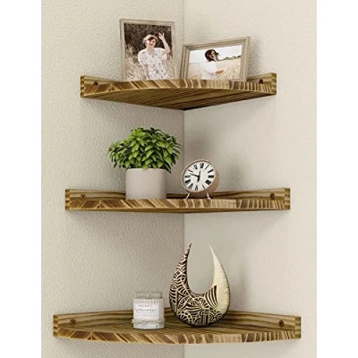 Image of Petrala Corner Shelf Hanging Wall Wood 3 Piece Set Vintage Floating Shelves Rustic for Bookcase with Round And Bathroom Kitchen Bedroom Living Room