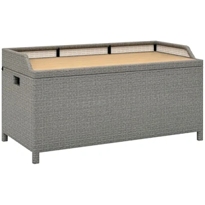 Image of Outsunny PE Rattan Outdoor Storage Bench, Aluminium Garden Bench with Underneath w/Zipped Inner Lining, Rods for Deck, Grey