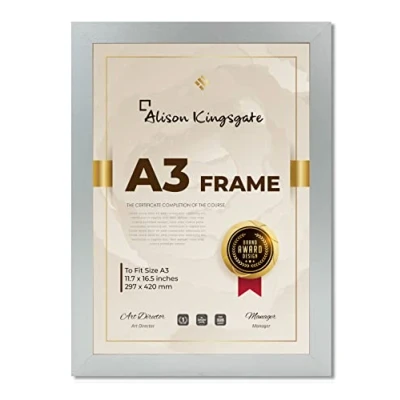 Image of Alison Kingsgate Silver A3 Frame in Size 30x42cm with Clear Perspex Sheet &amp; Wall Mounted Hook Use for Picture Frames Photo Poster (A3, Silver)