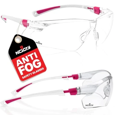 Image of NoCry Clear Cycling Glasses Women. White &amp; Pink Safety for Work with Anti Fog Scratch Resistant Wrap Around Lenses and Non Slip Grips, UV Protection. Adjustable Eye Protection Squash