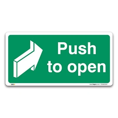 Image of Pack of 2 Push to open Fire exit Signs, Self adhesive Vinyl Sticker 200x100mm, British Standard Safety Door Signs