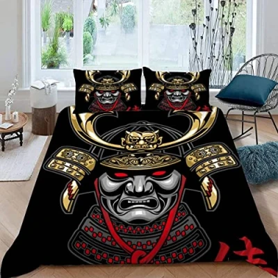 Image of Bedding Set King Size Japanese Art 3d Printed Adults Teenager Girls Boys Microfiber Fluffy Kingsize Duvet Cover Samurai Helmet White/Black/Grey