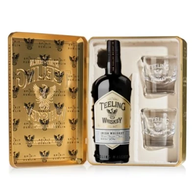 Image of Teeling Small Batch Irish Whiskey, 46% ABV, 70cl, Gift Pack with Glasses, Matured in Ex Bourbon Barrels and Finished Central American Rum Casks, 700ml