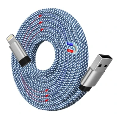Image of Magtame Magnetic Coiled Lightning Cable, 1.5M iPhone Charger Cord Nylon Braided High Speed Transfer Cord, MFi Certified Compatible with 14 13 12 11 Pro MAX XS XR X 8 SE Flat