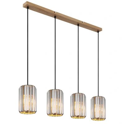Image of Run Bar Pendant Ceiling Light Wood Look K5 Crystals Smoke Colored 4x E27