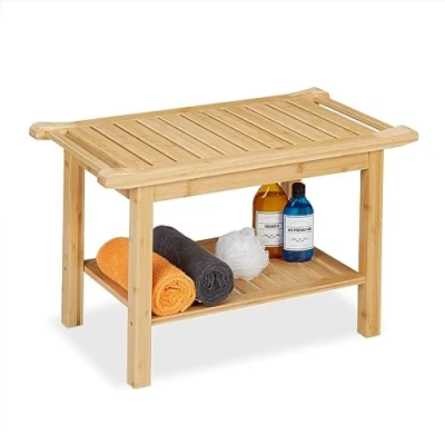 Image of Relaxdays Bamboo Bathroom Bench, Extra Shelf &amp; Handles, Versatile, HxWxD: 45 x 75 40.5 cm, Seat for 2 Persons, Natural