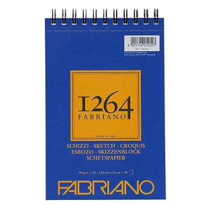 Image of Honsell Fabriano Schizzi 19100636 Sketch Paper 1264 with Spiral Head 90 g/m² DIN A5 60 Sheets Ivory White Acid Lightly Grained for All Drying Techniques