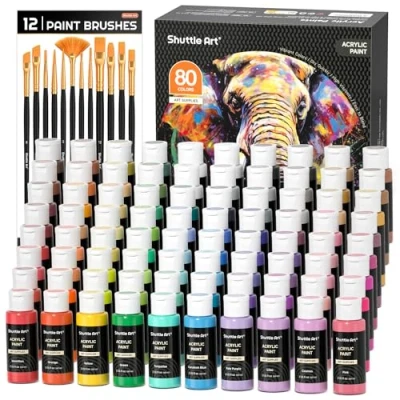 Image of Shuttle Art 80 Pack Acrylic Paints Set, 78 Colours Paint (2oz,60ml) with Extra White Black Piants &amp; 12 Brushes, Rich Pigmented, Water Proof for Artists, Beginners on Canvas Rock Wood Ceramic