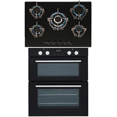 Image of SIA Built Under Double Electric Fan Oven &amp; 70cm Black 5 Burner Gas On Glass Hob