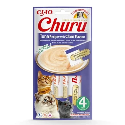 Image of Ciao Churu Sticks by INABA Cat Treat Tuna &amp; Clam Flavour (4 x 14g) / Soft Creamy Treat, Delicious Healthy Snack, Squeezable Purée Food Topper, Pill Assist, Natural, Grain Free