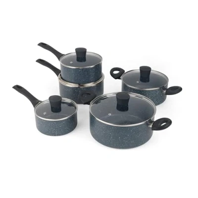 Image of Russell Hobbs RH02818EU7 Pan Set 5 Piece Non Stick Kitchen Cookware, 16/18/20cm Saucepans, 20/24cm Stockpots, Tempered Glass Lids, Soft Touch Handles, Easy Clean, Blue Marble, Nightfall Stone