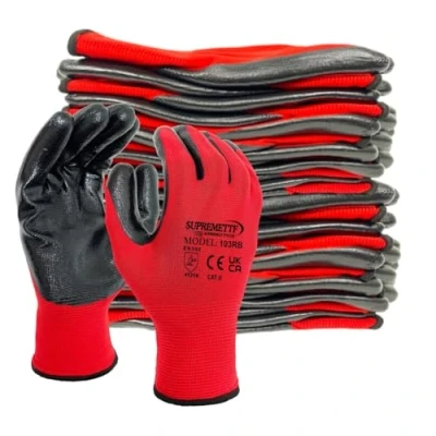 Image of Supreme TTF 24 Pairs PREMIUM NITRILE COATED Red Nylon Work Gloves Builders Gardening Grip (Medium [Size 8])