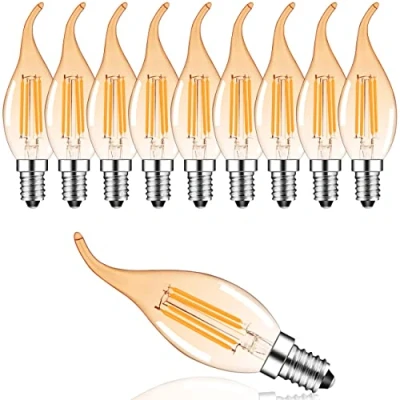 Image of Suncan Pack of 10 C35 4 W Retro Dimmable Filament LED Candle Lamp, 2700K Warm White, 360 Lumen, Replacement for 30 Incandescent Bulbs, E14 Socket, Flame Shape, Gold Plated Glass, Energy Class F