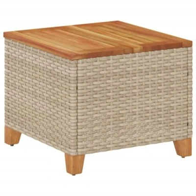 Image of vidaXL Garden Table in Beige/Brown Poly Rattan with Acacia Wood Top &amp; Powder Coated Steel Frame 45x45x37 cm for Patio/Outdoor