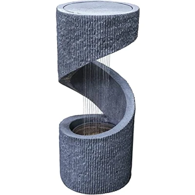 Image of Ivyline Outdoor Spiral Water Feature in Light Grey UV Stable, LED Lights &amp; Durable Lightweight Stylish Decorative Garden Fountain H82cm x W35cm