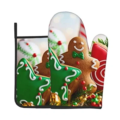 Image of Heat Resistant Oven Mitts And Pot Holders Sets Of 2 Gingerbread Man Candy Printed Kitchen Non Slip Waterproof Gloves For Baking Cooking Bbq