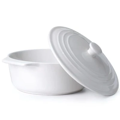Image of Ceramic Round Casserole Dish with Lid Oven Safe, 23cm Stoneware Covered Casserole, White Baking