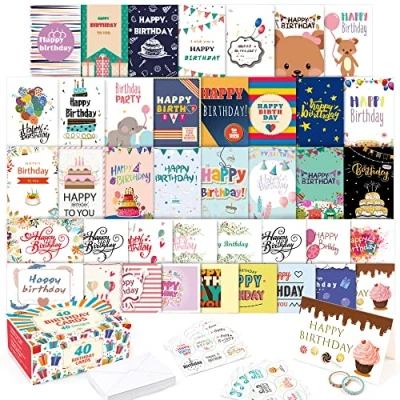 Image of Feela 40 Happy Birthday Cards Pack, Designs Multipack and Blank Envelopes, 48 Pieces of Stickers 2 Washi Tapes, 10X15cm Greeting for Women, Men, Friends Kids