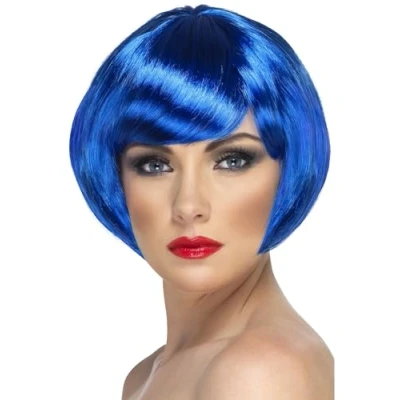 Image of Smiffys Babe Wig, Blue Short Bob with Fringe, Ladies Glamour Wigs Fancy Dress, Adult Dress Up
