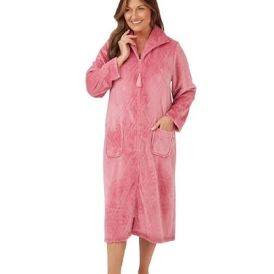 Image of Marlon Womens Serena Zip Front Embossed Fleece Housecoat Up Bath Robe, Pink, 16 18