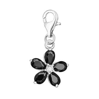 Image of Quiges Crystal Black Pear Cubic Zirconia Flower Clip On Charm Pendant Silver Plated Women&#039;s Jewellery