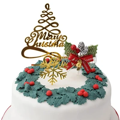 Image of Gold Merry Christmas Cake Topper Holly Tree Snowflake Decoration Cupcake Muffin Yule Log Toppers (3 Piece Green Set)